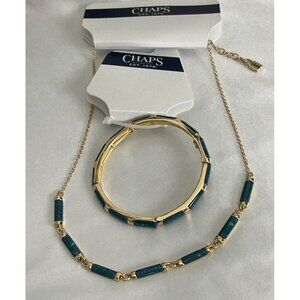 Chaps Gold-Tone Teal Stone Statement Necklace & Stretch Bracelet Set